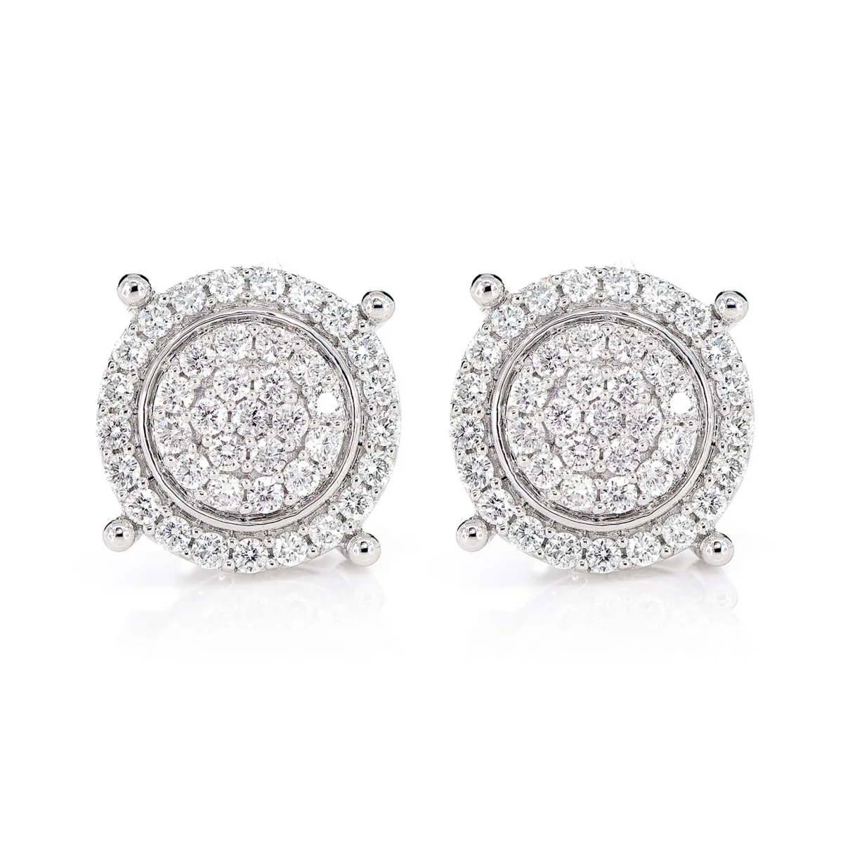 For Him Two Layer Cluster Halo Diamond Stud Earrings in White Gold / VS / Natural Diamond – Earring