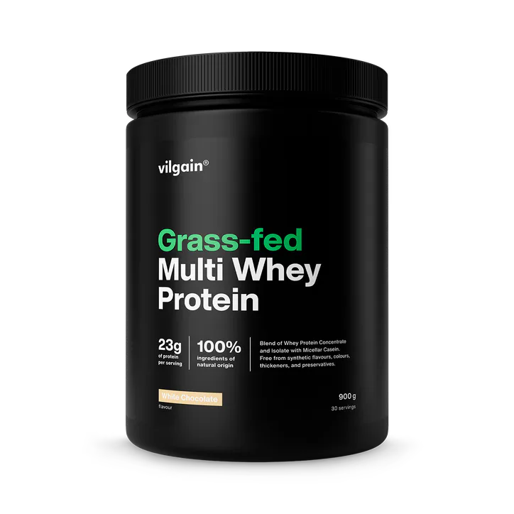 Vilgain Grass-Fed Multi Whey Protein White Chocolate 900 g| 3 Protein Sources for Extended Release | Digestive Enzyme Complex | Natural Stevia Sweetened Shake | Low Sugar & Fat | 23g Protein