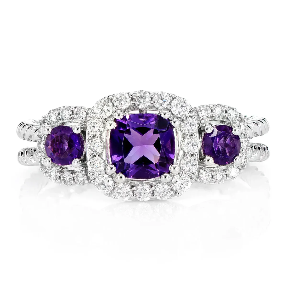 For Him Amethyst and Diamond Three Stone Split Shank Rope Ring in White Gold / Natural Diamond – Ring