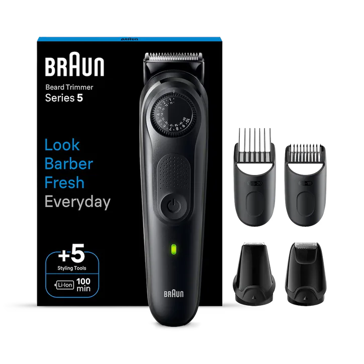 BRAUN Beard Trimmer Series 5, +5 Styling Tools, 20 Lengths, Sharp Blade, BT5430, Black