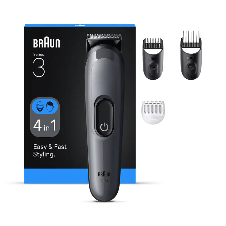BRAUN All-in-One Series 3, 4in1 Grooming Kit, Sharp Blade, 14 Lengths, AIO3500, Grey