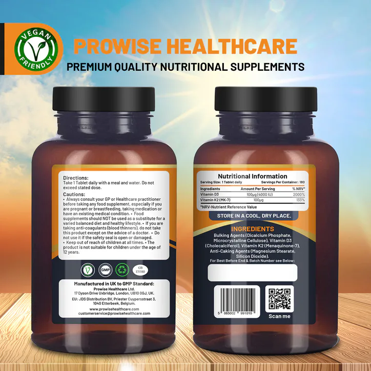 Prowise Healthcare Vitamin D3 4000IU & K2 MK7 100µg Vegetarian Tablets I 180 ( 6 Months Supply) detail 2