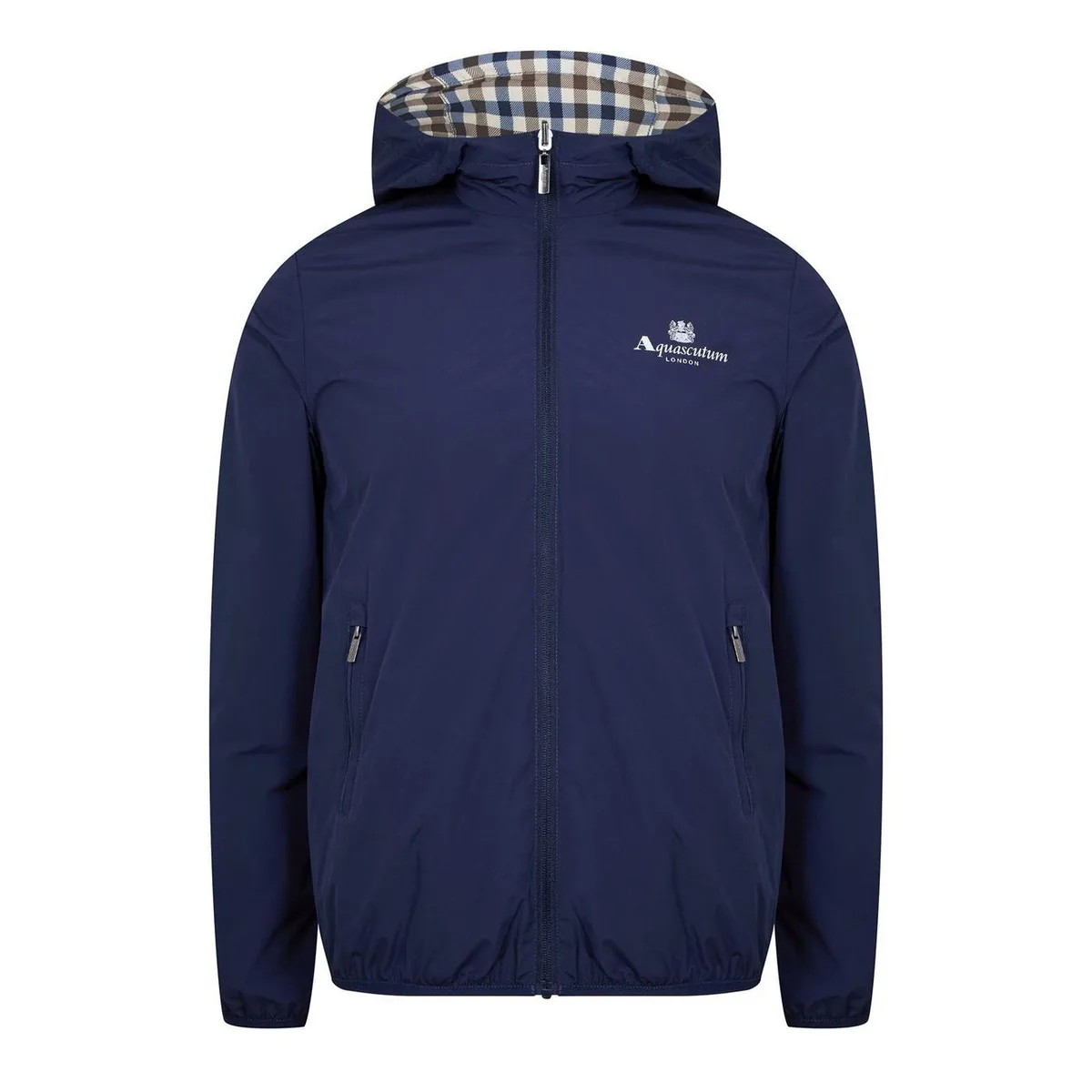 Aquascutum Men's Reversible Check Hooded Long Sleeve Rain Anorak