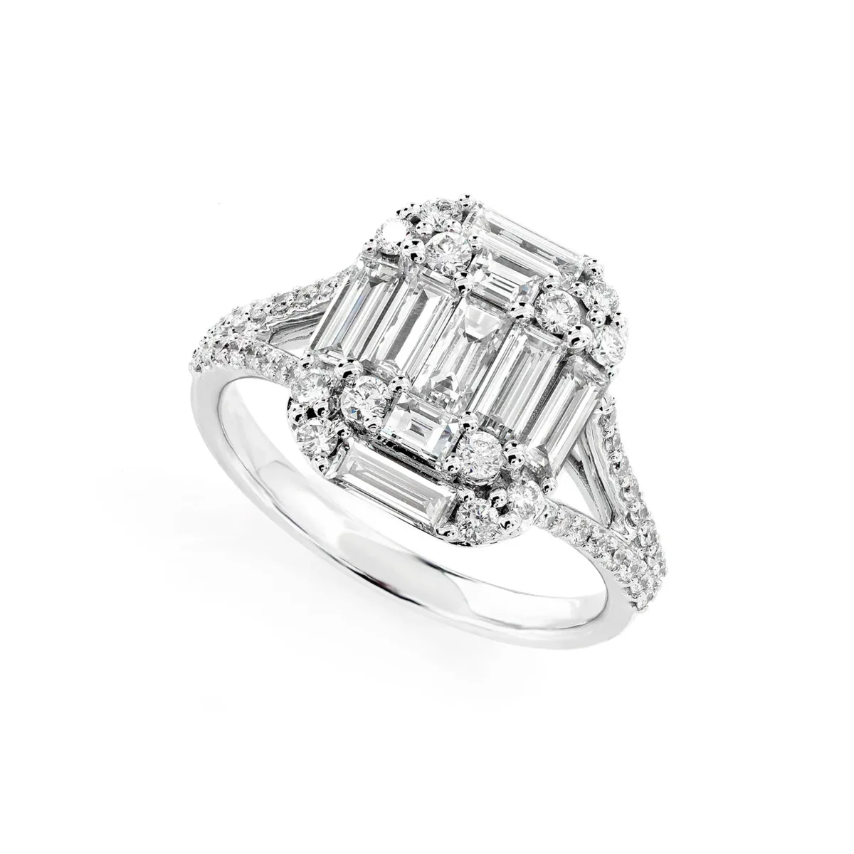 For Him Cluster Split Shank Baguette and Round Diamond Engagement Ring