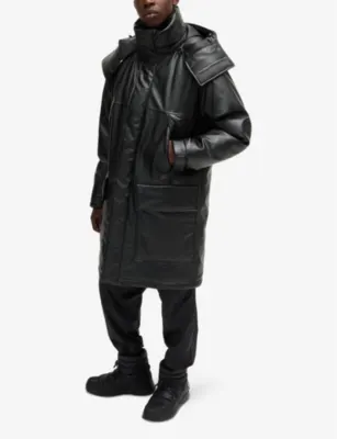 HUGO Embossed-logo longline faux leather-down jacket detail 2
