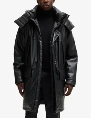 HUGO Embossed-logo longline faux leather-down jacket detail 3