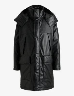 HUGO Embossed-logo longline faux leather-down jacket