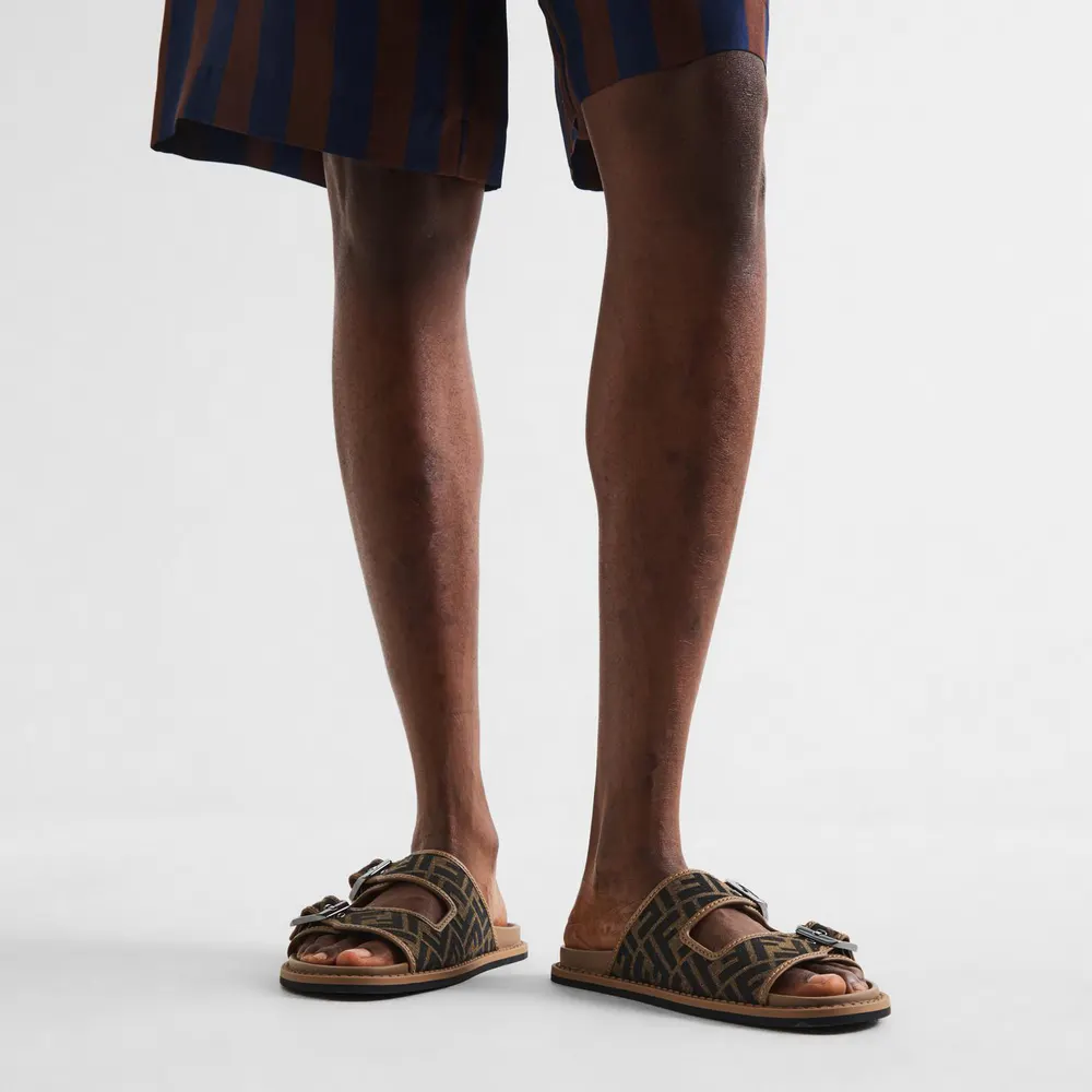 Fendi Men's FF Flat Sandals in Tobacco, additional product view 3