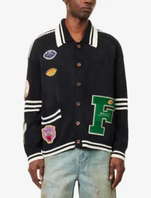 FOUND Varsity Patchwork Cotton-Knit Cardigan in VINTAGE BLACK, additional product view 3