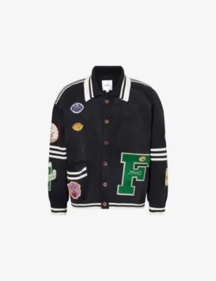 FOUND Varsity Patchwork Cotton-Knit Cardigan in VINTAGE BLACK – Mens | Knitwear | Cardigans