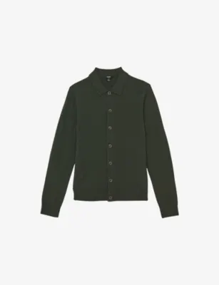 REISS Gideon V-Stitch Wool Knitted Cardigan - FOREST GREEN
