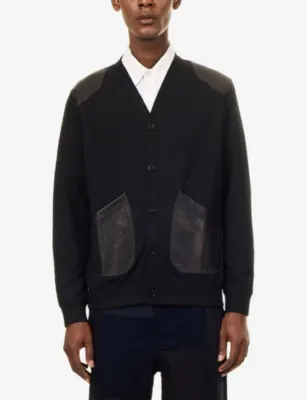 JUNYA WATANABE Leather Patch Wool Cardigan in BLACK X BLACK, additional product view 3