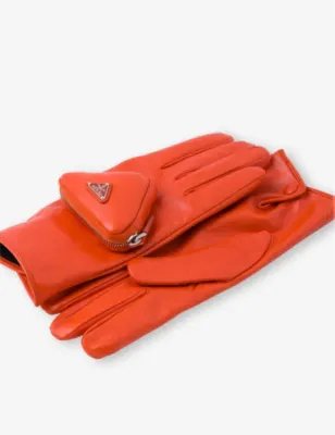PRADA Pouch-embellished leather gloves - PEACOCK - 9.5 detail 3