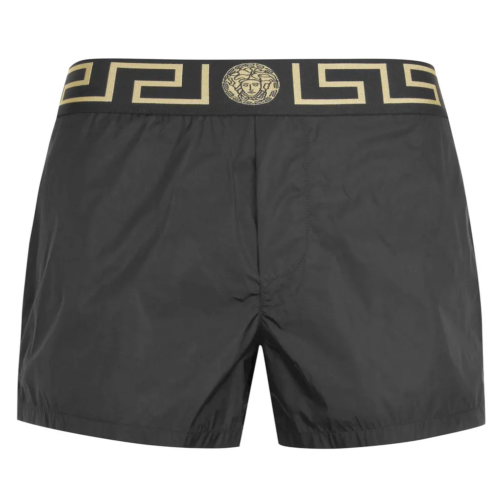 Versace Icon Greca Waistband Swim Shorts in Black Gold – Clothing
