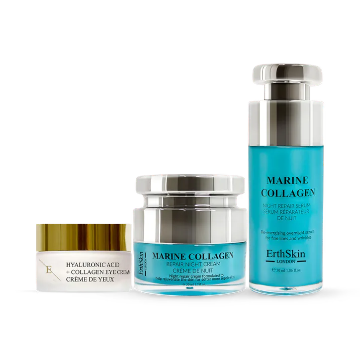 Erth Skin London Marine Collagen Night Cream 50ml + Hyaluronic Acid + Collagen Pro Age Eye Cream 30ml + Marine Collagen Night Repair Serum 30ml