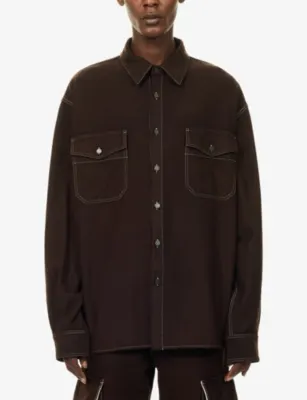 UMA WANG Tavis Flap-Pockets Wool-Blend Shirt in BROWN, additional product view 3