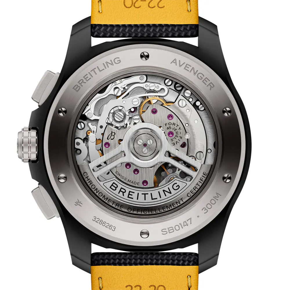 Breitling Avenger B01 Chronograph 44mm Night Mission Mens Watch Yellow Black Leather detail 2