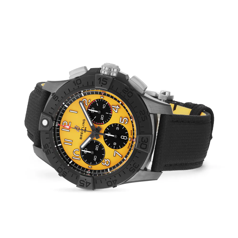 Breitling Avenger B01 Chronograph 44mm Night Mission Mens Watch Yellow Black Leather detail 3