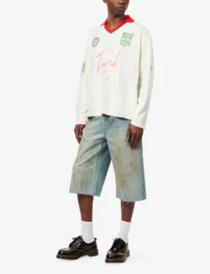 FOUND Striped Logo-Print Cotton-Jersey Top in Off-white & Sky Blue, additional product view 2