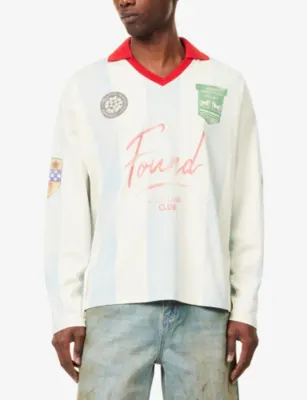 FOUND Striped Logo-Print Cotton-Jersey Top in Off-white & Sky Blue, additional product view 3