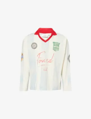FOUND Striped Logo-Print Cotton-Jersey Top in Off-white & Sky Blue – Mens | Tops & t-shirts | T-Shirts | Printed T-Shirts