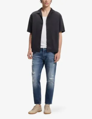 HUGO Distressed Tapered-Leg Stretch-Denim Jeans - 32/32 detail 2