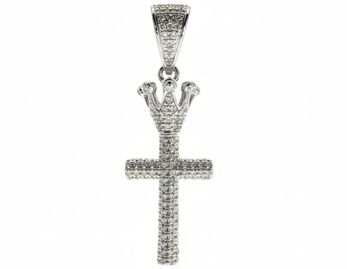 ANNA - SAVIRA (CLOSE OUT) 10K Gold Micro Pave Diamond Small Crowned Cross 63614 in White Gold – Pendant