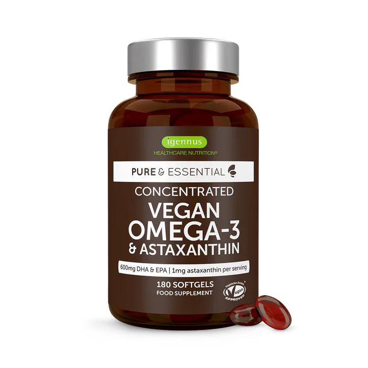 Igennus Healthcare Nutrition Concentrated Vegan Omega-3 Algae Oil, 400mg DHA, 200mg EPA & Astaxanthin, 180 Softgels