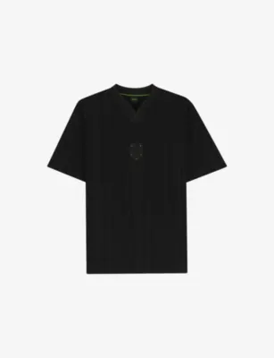 BOSS Crest-Appliqué Striped Cotton T-Shirt in BLACK – Mens | Tops & t-shirts | T-Shirts | Plain T-Shirts