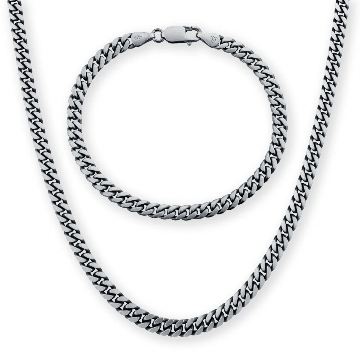 For Him Silver Mens Oxidised Curb Necklace & Bracelet Set