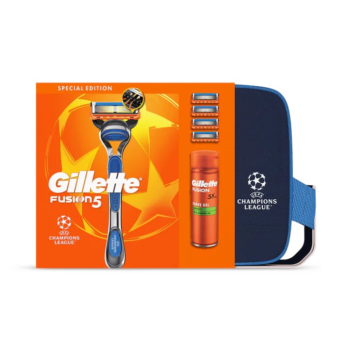 Gillette Fusion5 UCL Razor For Men, 1 Gillette Razor, 3 Replacement blades, Shave Gel 200ml, Washbag