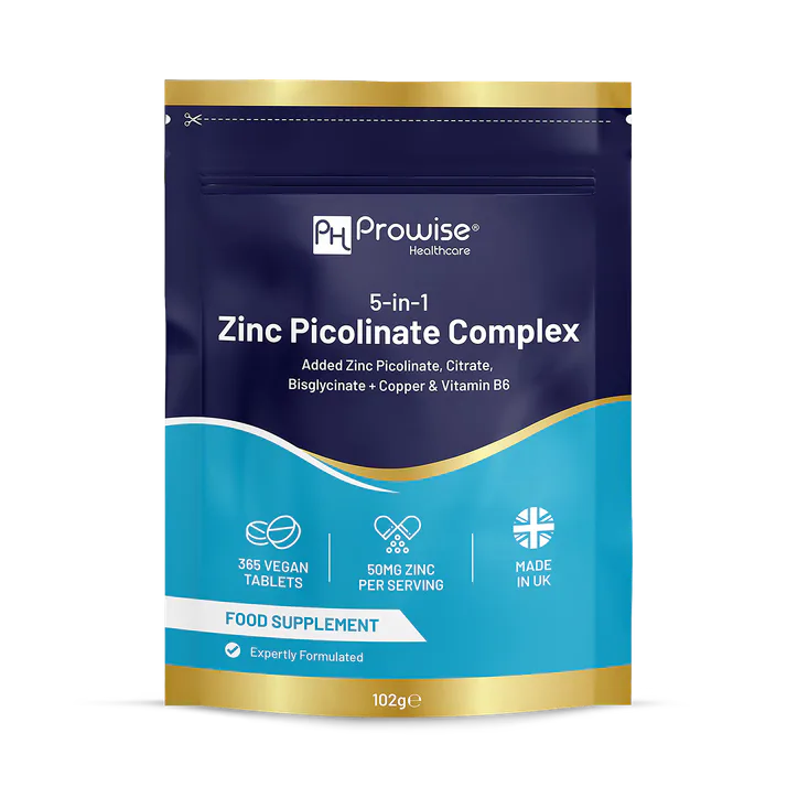 Prowise Healthcare 5-in-1 Zinc Picolinate Complex 50 mg | 365 Vegan High Strength Tablets Added with Copper and Vitamin B6 | 6 Months’ Supply | Support Immune System, Bone Health and Fertility | Made in UK by Prowise