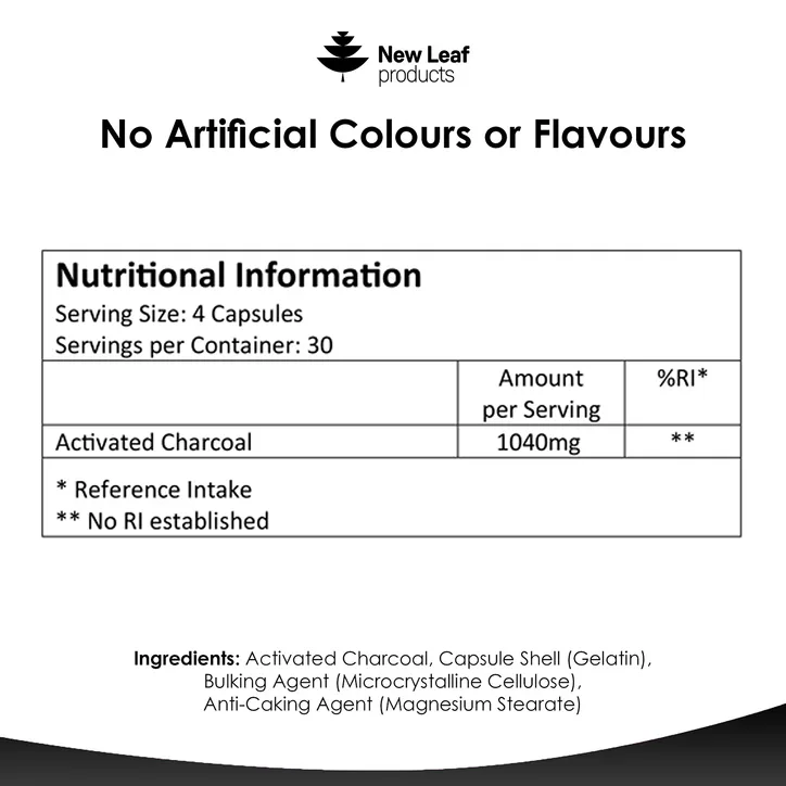 New Leaf Products Activated Charcoal Capsules 120 capsules detail 3