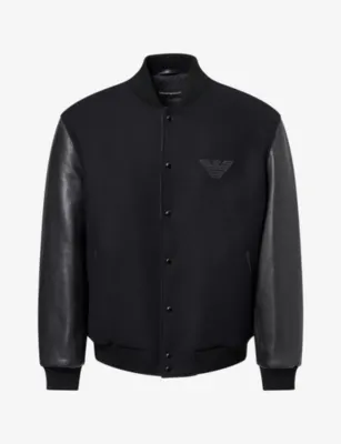 EMPORIO ARMANI Leather-Sleeve Wool Varsity Jacket