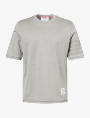 THOM BROWNE Striped-Sleeve Brand-Patch Cotton T-Shirt - LT GREY