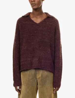DAILY PAPER V-Neck Teddy Jumper in BURGUNDY, additional product view 3