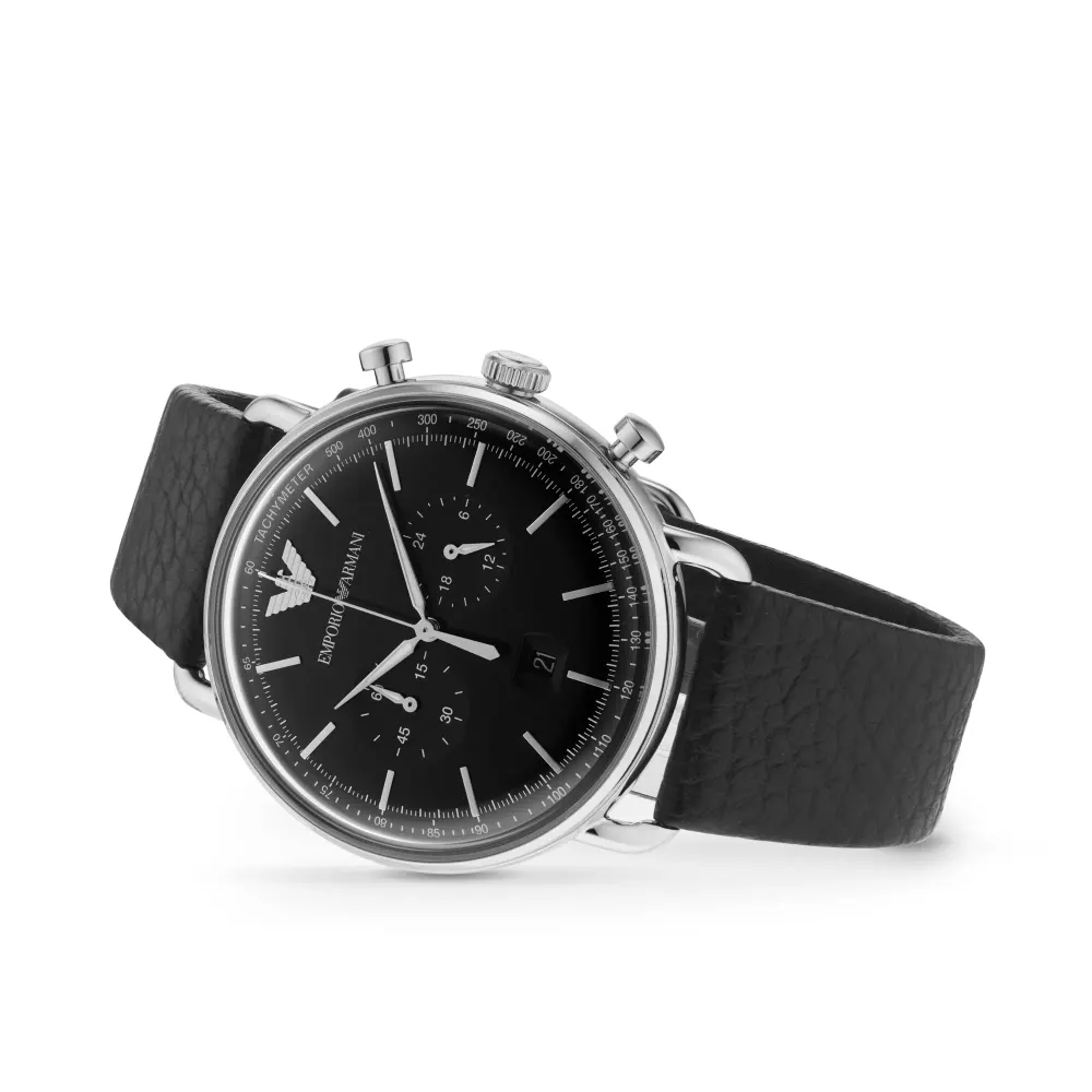 Emporio Armani Black Leather and Dial Gents Watch detail 3