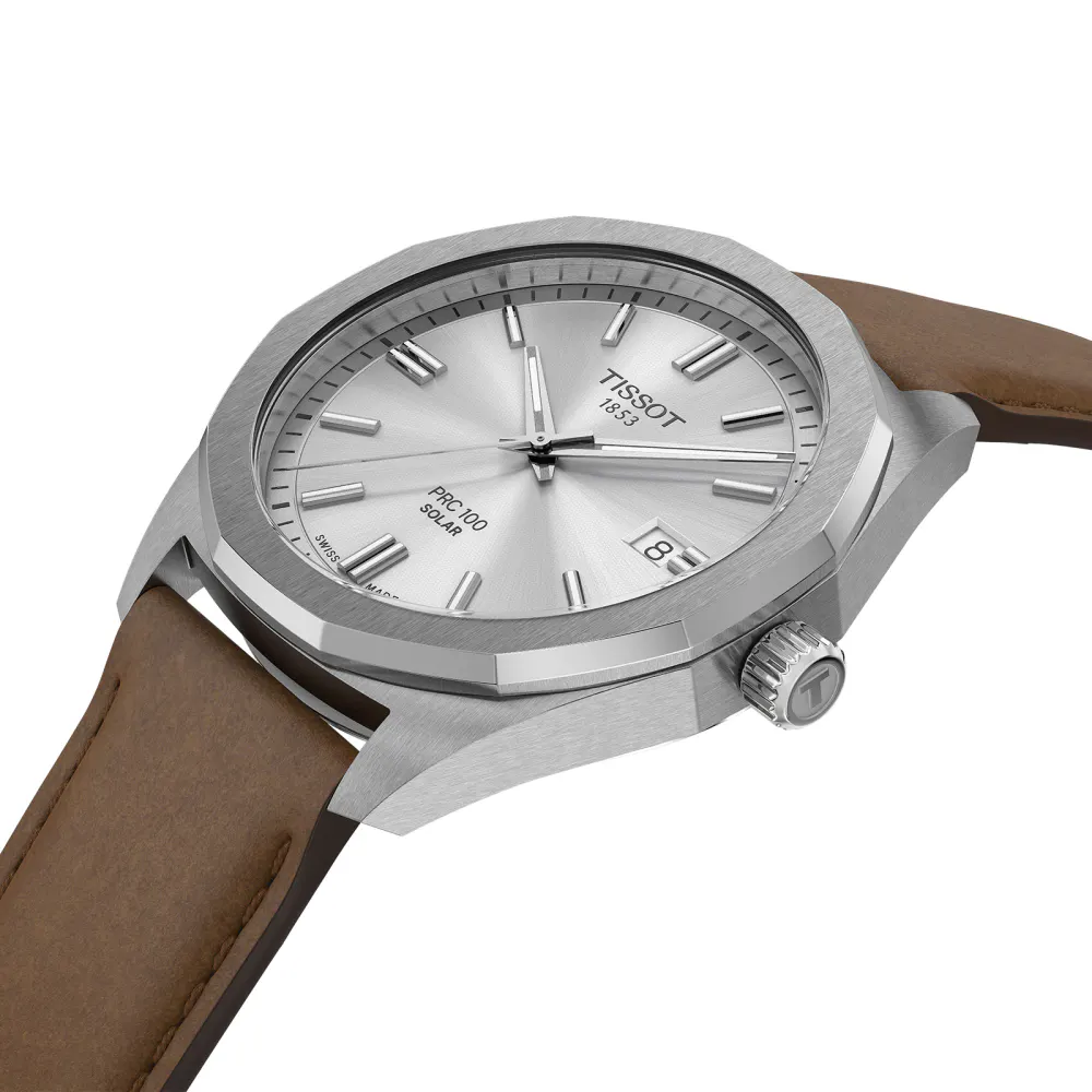 Tissot PRC 100 Solar Quartz 39mm Mens Watch Silver Leather detail 2