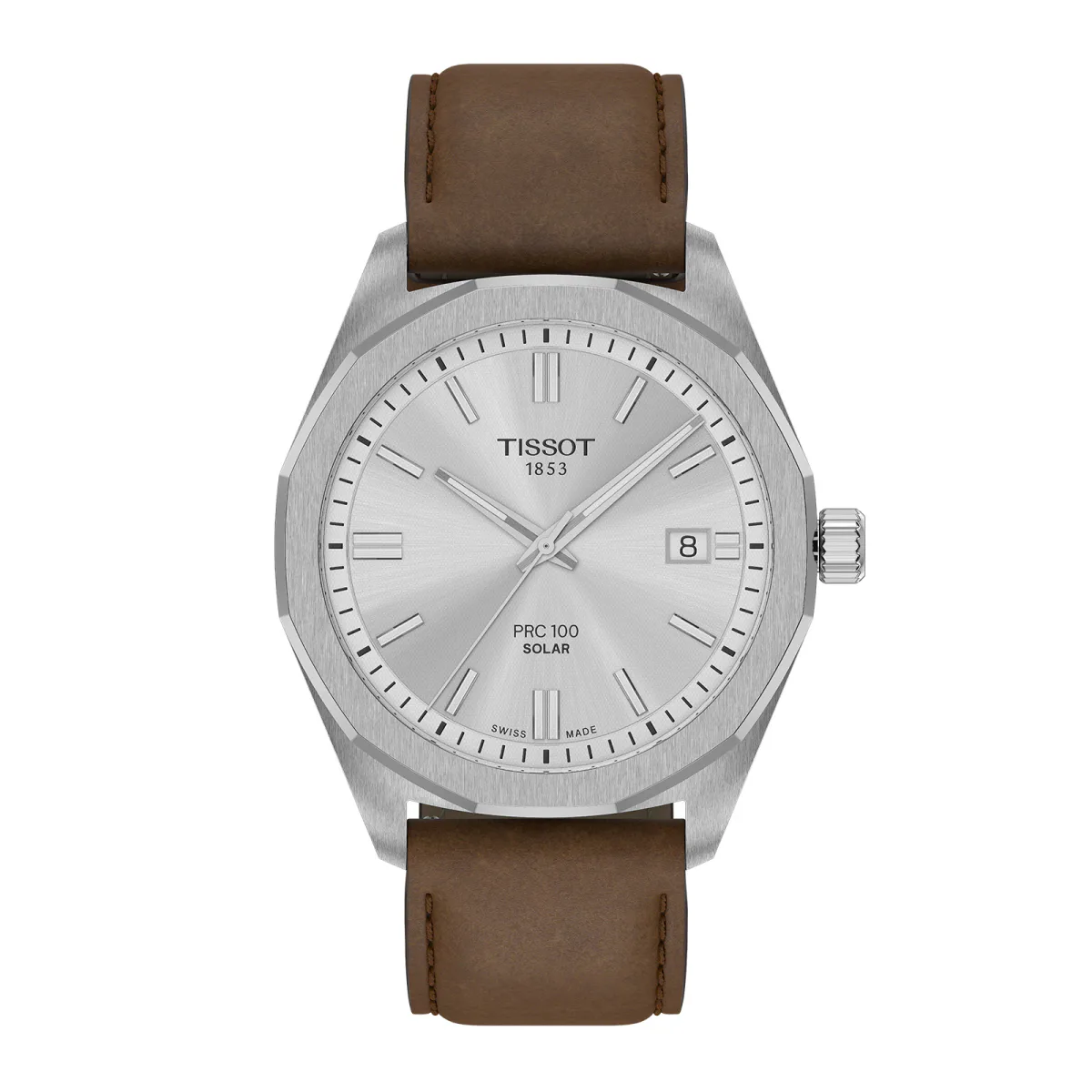 Tissot PRC 100 Solar Quartz 39mm Mens Watch Silver Leather