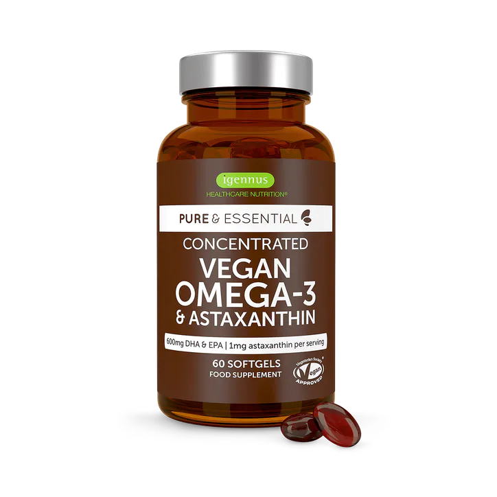 Igennus Healthcare Nutrition Concentrated Vegan Omega-3 Algae Oil, 400mg DHA, 200mg EPA & Astaxanthin, 60 Softgels