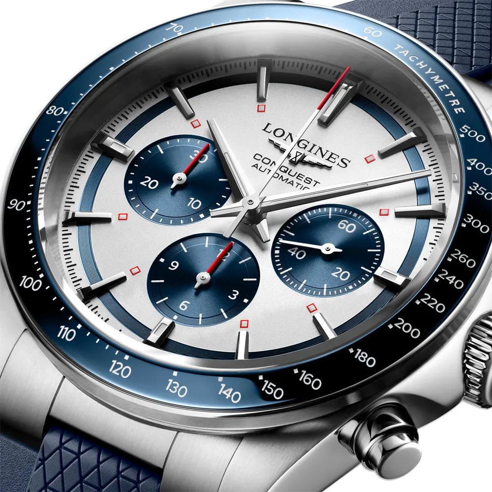 Longines Conquest 42mm Mens Watch Blue Rubber Strap detail 2