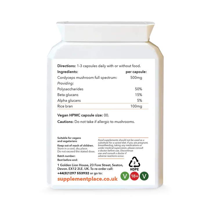 Supplement Place Cordyceps Mushroom 500mg | 50% Polysaccharides | 60 Capsules, additional product view 2