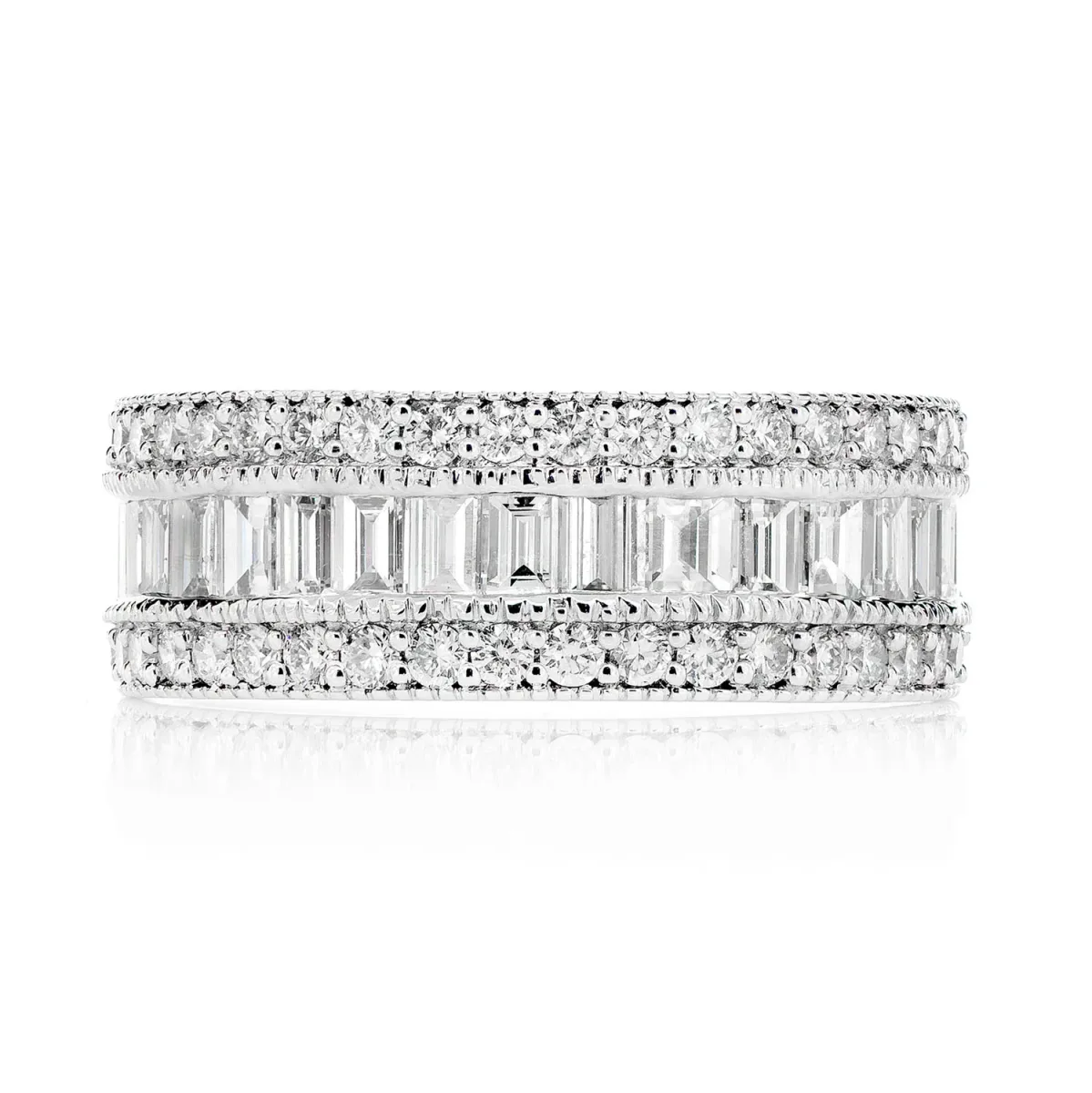 For Him Milgrain Border Baguette & Round Diamond Band Ring