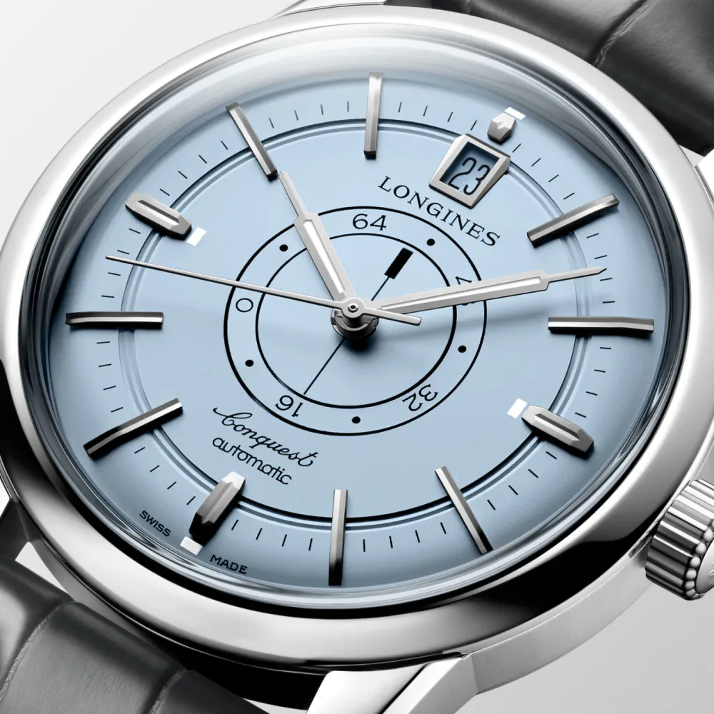 Longines Conquest Heritage Central Power Reserve 38mm Mens Watch Blue Alligator detail 2