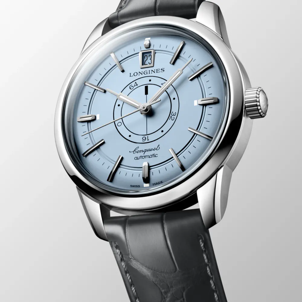 Longines Conquest Heritage Central Power Reserve 38mm Mens Watch Blue Alligator detail 3