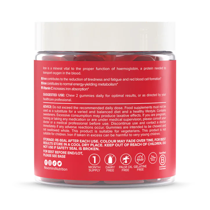 Novomins Iron 20mg + Vitamin C Sugar-Free Strawberry Flavoured 60 Gummies detail 2