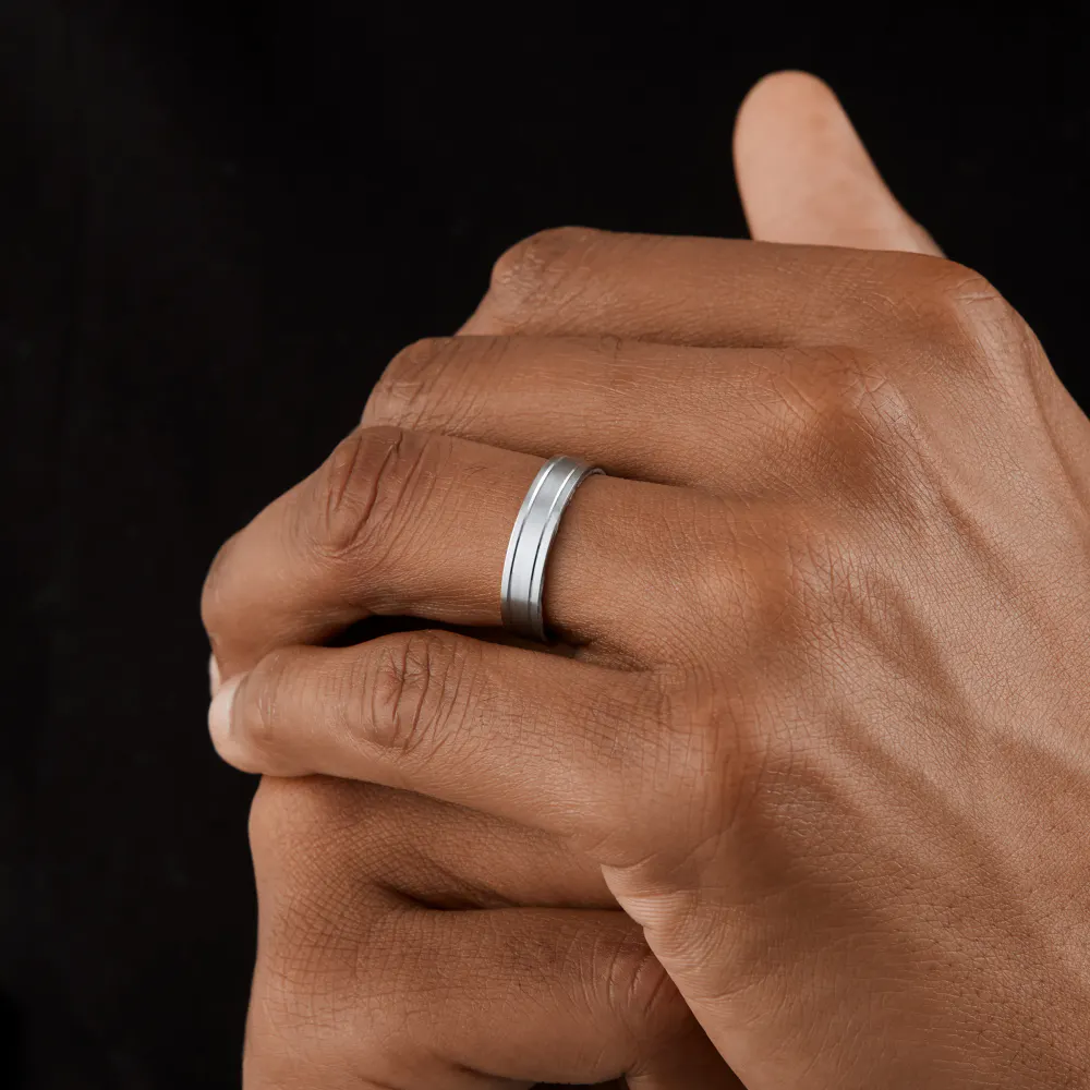 For Him Platinum 6mm Fancy Double Groove Wedding Ring detail 2