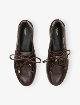 GOLDEN GOOSE Logo-Embossed Leather Boat Shoes - EUR 43 / 9 UK MEN in Dark Brown, additional product view 2