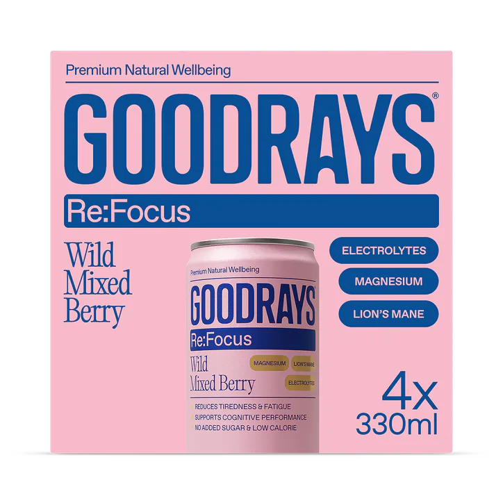 Goodrays Re:Focus Electrolytes, Magnesium & Lions Mane Mixed Berry Drink 4 x 330ml – Food & Drink > Drinks & Juices > Natural Energy Drinks