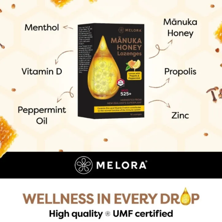 Melora Manuka 525 MGO Lozenges - Lemon & Propolis 12 Lozenges, additional product view 2